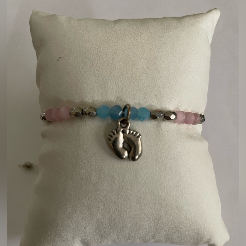 Pink and Blue Beaded Bracelet with Footprint Charm